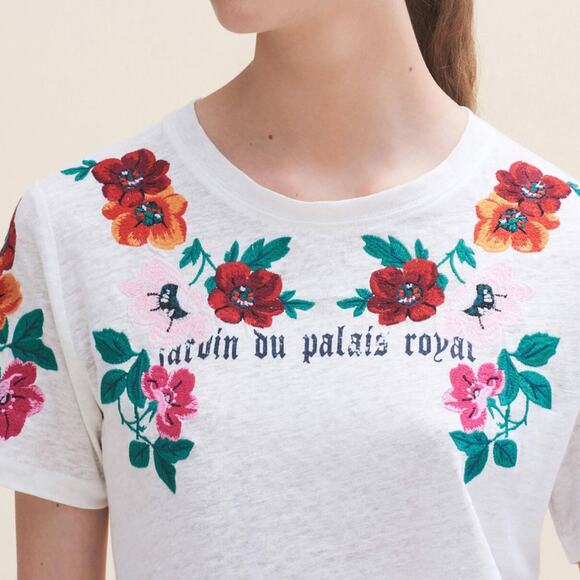 MAJE Tanisha Floral Embroidered Linen Jersey T-Shirt - Picture 2 of 9